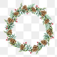 Christmas wreath png frame, watercolor aesthetic illustration on transparent background