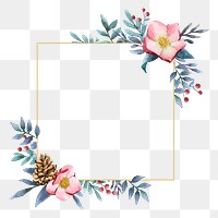 Square flower png frame, watercolor aesthetic on transparent background