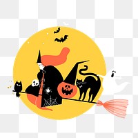 Halloween witch png sticker, flying on broomstick doodle on transparent background 