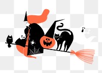 Halloween witch png sticker, flying on broomstick doodle on transparent background 
