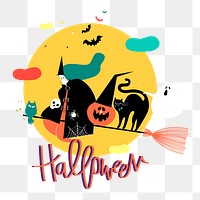 Halloween witch png sticker, flying on broomstick doodle on transparent background 