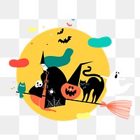 Halloween witch png sticker, flying on broomstick doodle on transparent background 