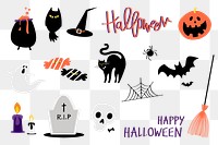 Halloween doodle png sticker set, spooky season celebration set on transparent background