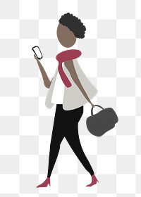 Woman using phone png clipart, walking, cartoon illustration