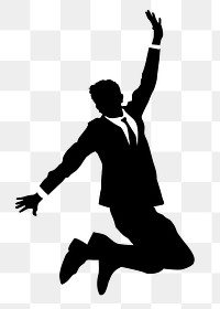 Businessman jumping png silhouette clipart, excited gesture on transparent background