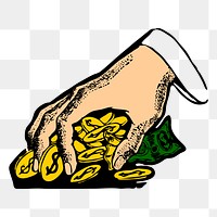 Hand png grabbing coins clipart, transparent background. Free public domain CC0 graphic