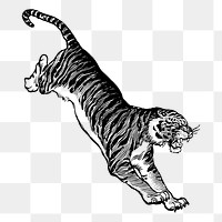 PNG jumping tiger, vintage animal clipart, transparent background. Free public domain CC0 graphic