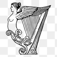 Angel harp drawing png sticker vintage illustration, transparent background. Free public domain CC0 image.