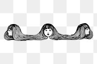 PNG long hair girl border drawing sticker vintage illustration, transparent background. 