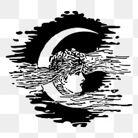 Woman & moon drawing png sticker vintage illustration, transparent background. Free public domain CC0 image.