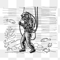 Scuba diver png sticker, vintage drawing illustration, transparent background. Free public domain CC0 image.