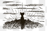 Cat png watching sunrise drawing, vintage animal illustration, transparent background. Free public domain CC0 image.
