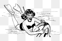 Png Woman scuba diving clipart, vintage illustration, transparent background. Free public domain CC0 image.