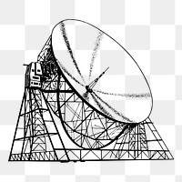 Radio telescope png sticker, vintage drawing, transparent background. Free public domain CC0 image.