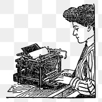 Png Woman using typewriter vintage illustration, transparent background. Free public domain CC0 image.