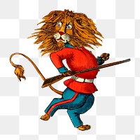 British lion png sticker, royal guard, funny animal illustration, transparent background. Free public domain CC0 image.