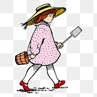 Png girl holding shovel clipart, vintage kid illustration, transparent background. Free public domain CC0 image.