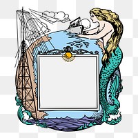 Mermaid frame png vintage illustration, transparent background. Free public domain CC0 image.