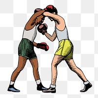 Boxers png fighting clipart, vintage illustration, transparent background. Free public domain CC0 image.