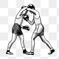 Boxers png fighting clipart, vintage illustration, transparent background. 
