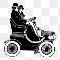 Vintage couple png driving automobile illustration, transparent background. Free public domain CC0 image.