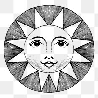 Celestial sun png drawing, vintage illustration, transparent background. Free public domain CC0 image.