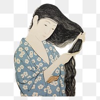 Japanese woman png combing hair, vintage illustration, transparent background. Free public domain CC0 image.