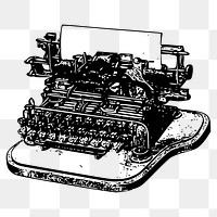 Vintage typewriter png sticker, black and white illustration, transparent background. Free public domain CC0 image.