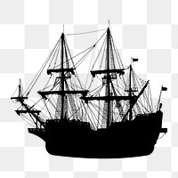 Vintage sailing ship png silhouette, transparent background. Free public domain CC0 image.