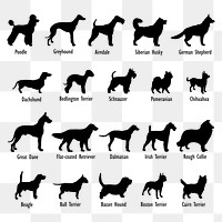 Dog breed names png sticker animal silhouette set, transparent background. Free public domain CC0 image.