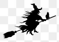 Flying witch png Halloween silhouette, transparent background. Free public domain CC0 image.