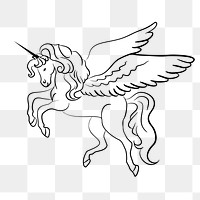 Winged unicorn png sticker, creature line art on transparent background. Free public domain CC0 image.