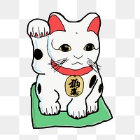 Maneki Neko png sticker, Japanese lucky cat figurine illustration on transparent background. Free public domain CC0 image.