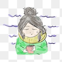 PNG girl in winter sticker, hand drawn illustration, transparent background. Free public domain CC0 image.