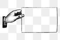 Hand png holding sign frame, vintage illustration, transparent background. 