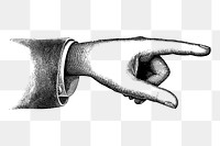 Hand pointing finger png, vintage illustration, transparent background. Free public domain CC0 image.