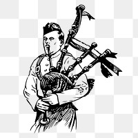 Man playing bagpipes png sticker, vintage music illustration on transparent background. Free public domain CC0 image.