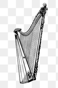 Vintage harp png sticker, musical instrument illustration on transparent background. Free public domain CC0 image.