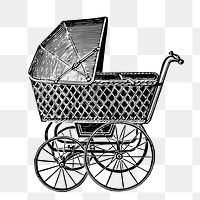 Pram, baby stroller png sticker, vintage illustration on transparent background. Free public domain CC0 image.