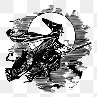 Flying witch png sticker, vintage Halloween illustration on transparent background. Free public domain CC0 image.