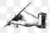 Hand holding pen png sticker, literature vintage illustration on transparent background. Free public domain CC0 image.