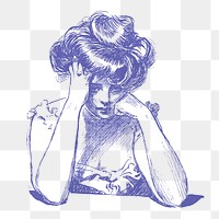 Sad woman png sticker, vintage illustration on transparent background. Free public domain CC0 image.