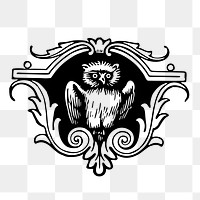 Owl baroque ornament png sticker, vintage illustration on transparent background. Free public domain CC0 image.