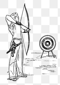 Male archer aiming png sticker, sport vintage illustration on transparent background. Free public domain CC0 image.