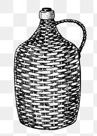 Wicker bottle png sticker, glassware, vintage illustration on transparent background. Free public domain CC0 image.