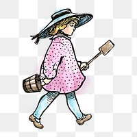 Png girl holding shovel sticker, watercolor illustration, transparent background
