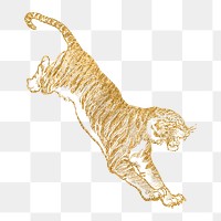 Gold tiger png sticker, animal aesthetic illustration, transparent background