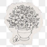 Png flower vase sticker, ripped paper, vintage illustration, transparent background