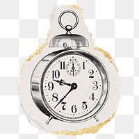 Alarm clock png sticker, ripped paper, gold glitter illustration, transparent background