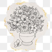 Png flower vase sticker, ripped paper, gold glitter illustration, transparent background